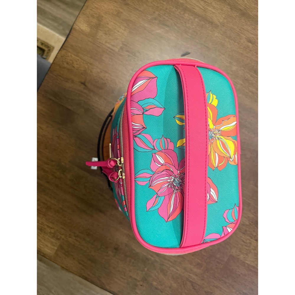 Trina Turk Teal Pink Floral Makeup Bag Vanity Case with Top Handle Gold Zipper - Picture 4 of 7